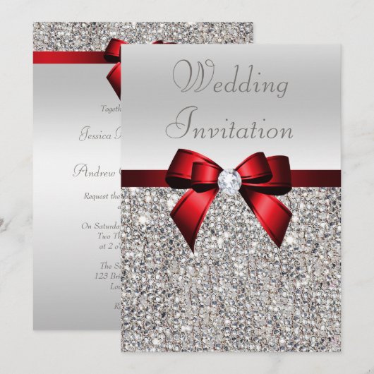 Zilveren Sequins Royal Red Bow en Diamond bruiloft Kaart (Voorkant / Achterkant)