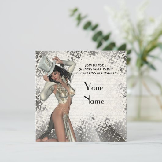 Zilveren showgirl quinceanera party kaart (Staand voorkant)