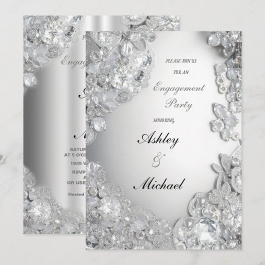 Zilveren sieraden verlovingsfeest chique glitter kaart (Voorkant / Achterkant)