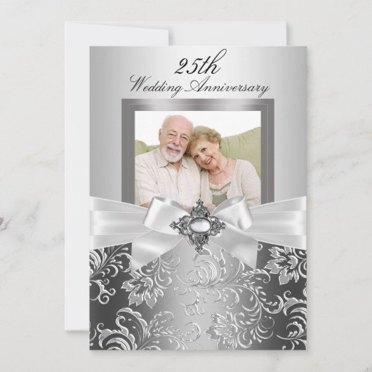 Zilveren Sierboog & Bloem 25e Huwelijksverjaardag Kaart (Voorkant)