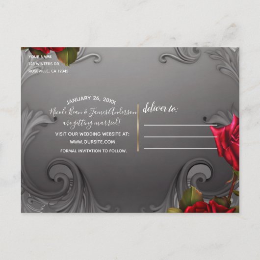 Zilveren sierrozen  Red Roses Save the Date Aankondigingskaart (Achterkant)