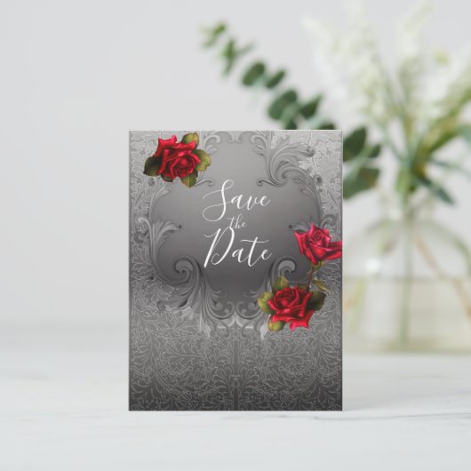 Zilveren sierrozen  Red Roses Save the Date Aankondigingskaart (Staand voorkant)