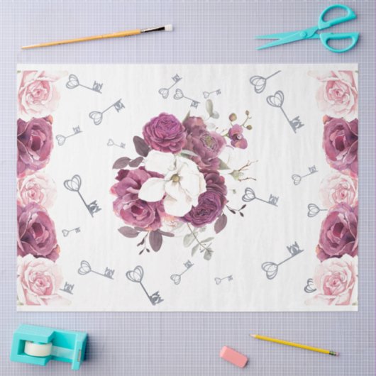 Zilveren Sleutels & Bloemen Trouwpapier Tissuepapier (Craft)