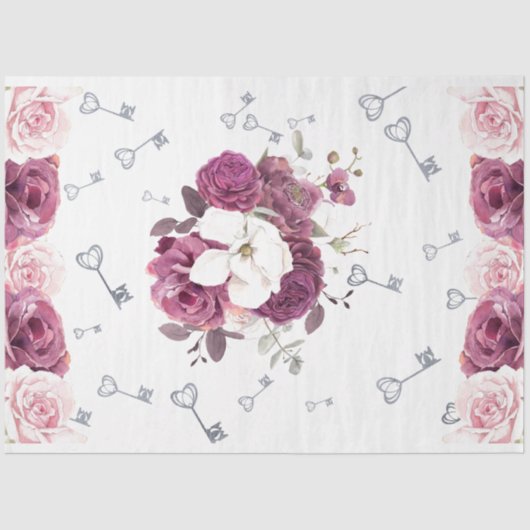 Zilveren Sleutels & Bloemen Trouwpapier Tissuepapier (Voorkant)