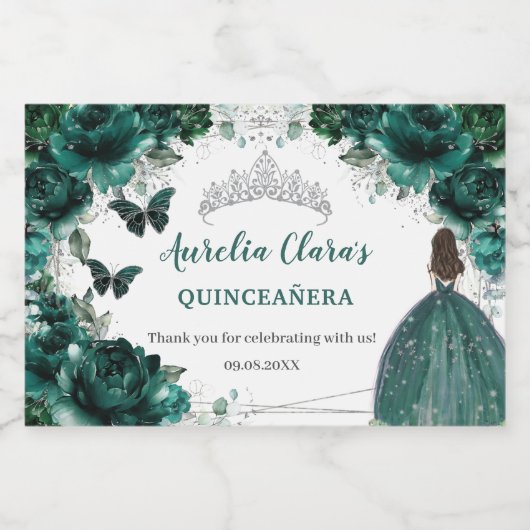 Zilveren Smaragd Bloem Quinceañera Verjaardags Fav Sparkling Wijnetiket (Enkel label)
