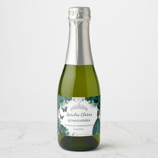 Zilveren Smaragd Bloem Quinceañera Verjaardags Fav Sparkling Wijnetiket (Voorkant)