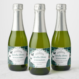 Zilveren Smaragd Bloemige Quinceañera Verjaardags Sparkling Wijnetiket