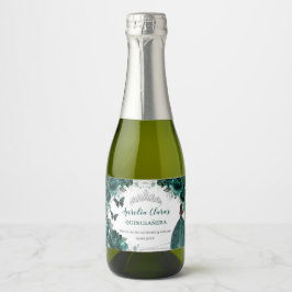 Zilveren Smaragd Bloemige Quinceañera Verjaardags Sparkling Wijnetiket