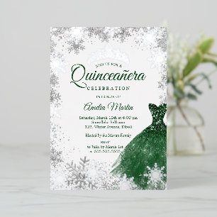 Zilveren Smaragd Winter Sneeuwvlok Quinceanera Folie Uitnodiging