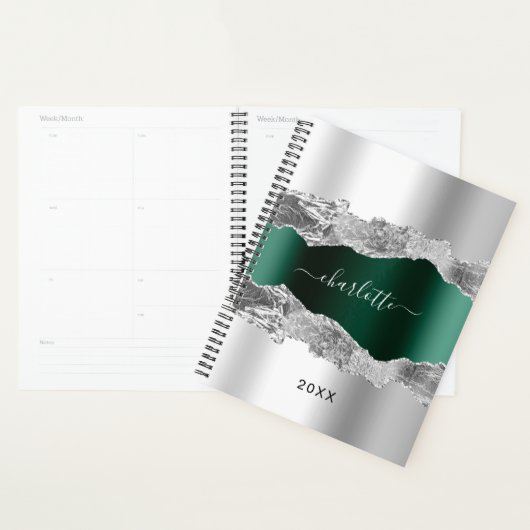 Zilveren smaragdgroene agaat marmeren naamscript 2 planner (Display)