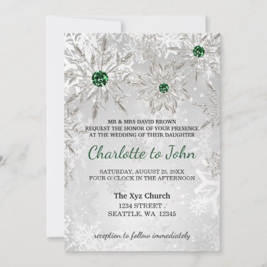 zilveren smaragdgroene sneeuwvlokken winterbruilof kaart (Voorkant)