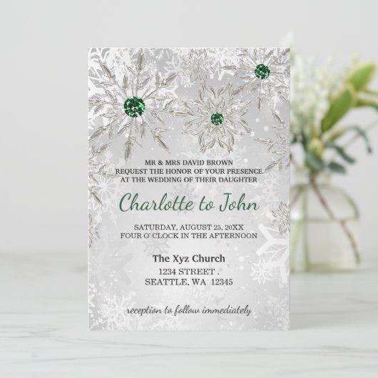 zilveren smaragdgroene sneeuwvlokken winterbruilof kaart (Staand voorkant)