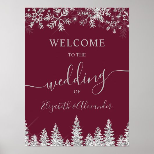 Zilveren sneeuw dennenrood kerstwinter bruiloft poster (Voorkant)
