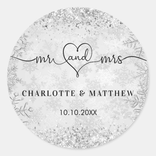 Zilveren sneeuw namen meneer mevrouw elegante wint ronde sticker (Voorkant)