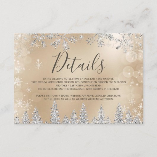 Zilveren sneeuw pijnboom goud Kerstmis winter deta Informatiekaartje (Voorkant)