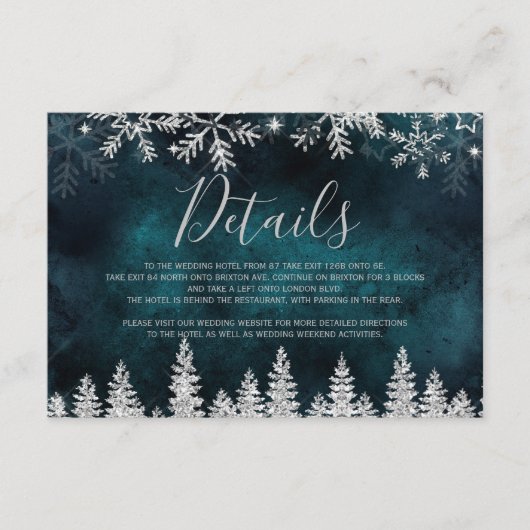 Zilveren sneeuwden blauwgroen Kerstwinter details Informatiekaartje (Voorkant)
