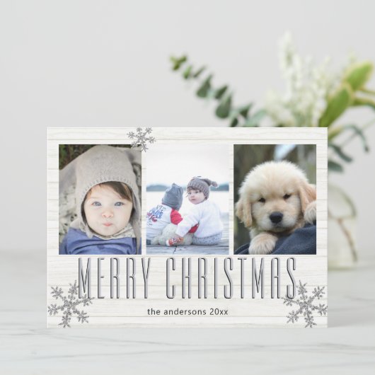 Zilveren Sneeuwvlok 3 Fotocollage Merry Feestdagenkaart (Staand voorkant)