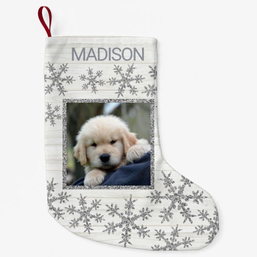 Zilveren sneeuwvlok leuk Kinder of huisdieren foto Kleine Kerstsok (Voorkant)