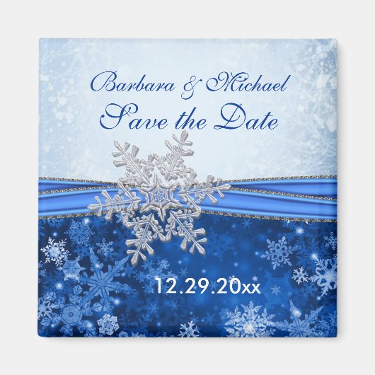 Zilveren sneeuwvlok op blauw Save the Date Magnet (Voorkant)