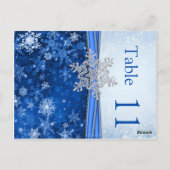 Zilveren sneeuwvlok op blauw Tafelnummer Briefkaar (Achterkant)