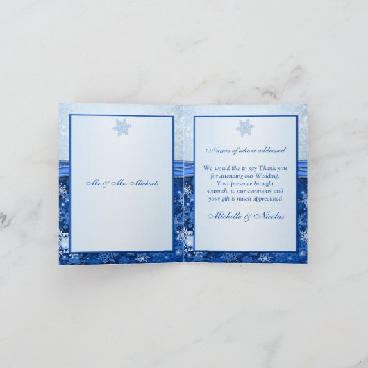 Zilveren sneeuwvlok op blauwe Trouw Dank U Bedankkaart (Binnen)