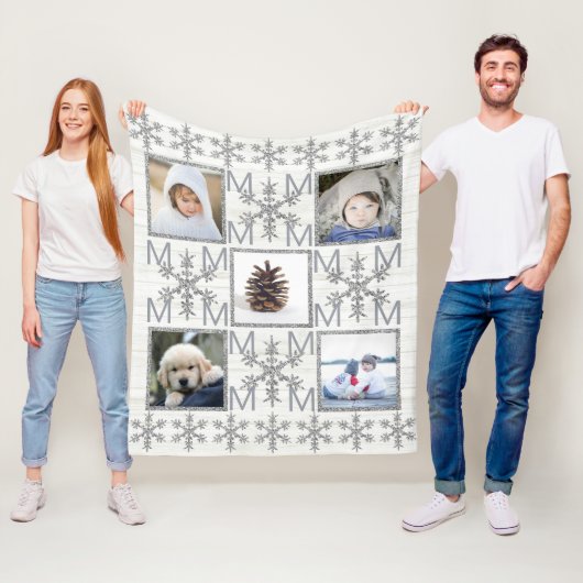 Zilveren sneeuwvlok Optioneel Monogram 5 Foto Fleece Deken (In situ)
