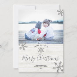 Zilveren sneeuwvlok rustieke kerst 2 foto feestdagenkaart
