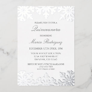 Zilveren Sneeuwvlok Winter Quinceanera Folie Uitnodiging