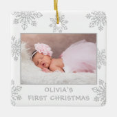 Zilveren Sneeuwvlokken 2 Foto Baby's Eerste Kerstm Keramisch Ornament (Voorkant)