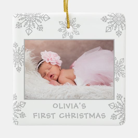 Zilveren Sneeuwvlokken 2 Foto Baby's Eerste Kerstm Keramisch Ornament (Voorkant)