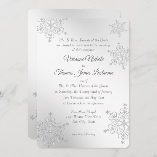 Zilveren sneeuwvlokken bruiloft kaart (Voorkant / Achterkant)