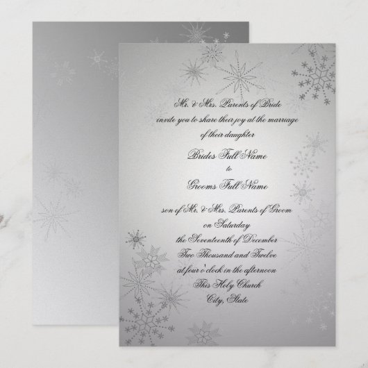 Zilveren sneeuwvlokken bruiloft kaart (Voorkant / Achterkant)