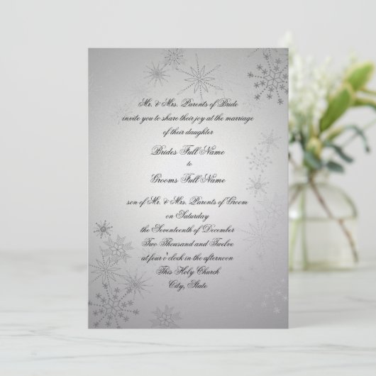 Zilveren sneeuwvlokken bruiloft kaart (Staand voorkant)