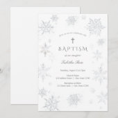 Zilveren sneeuwvlokken Doop Uitnodiging (Voorkant / Achterkant)