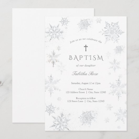 Zilveren sneeuwvlokken Doop Uitnodiging (Voorkant / Achterkant)