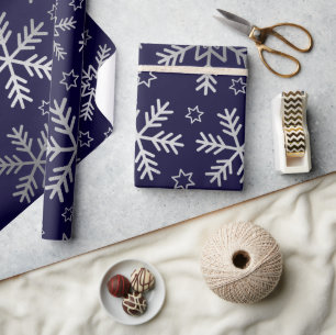 Zilveren Sneeuwvlokken en Sterren op Navy Blauwe W Cadeaupapier