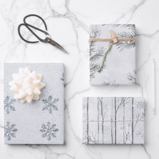 Zilveren Sneeuwvlokken Kerstboom Branches Inpakpapier Vel (Voorkant)