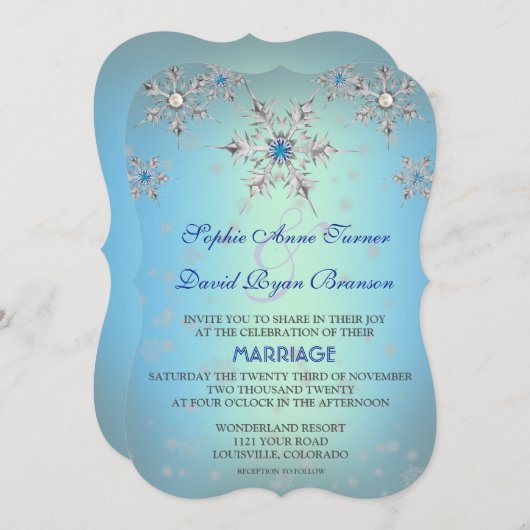 Zilveren Sneeuwvlokken Kristal Blauwe Parel Bruilo Kaart (Voorkant / Achterkant)