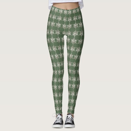 Zilveren sneeuwvlokken met groene achtergrond leggings (Voorkant)