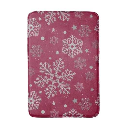 Zilveren sneeuwvlokken op donkerrood badmat (Voorkant Verticaal)