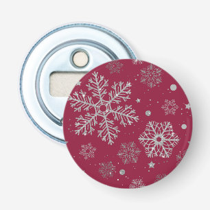 Zilveren sneeuwvlokken op donkerrood button flesopener