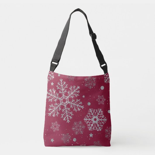 Zilveren sneeuwvlokken op donkerrood crossbody tas (Voorkant)