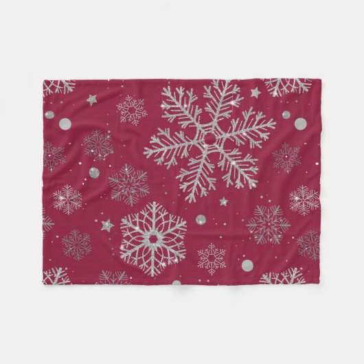 Zilveren sneeuwvlokken op donkerrood fleece deken (Voorkant (Horizontaal))