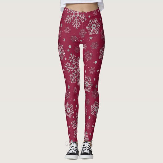 Zilveren sneeuwvlokken op donkerrood leggings (Voorkant)
