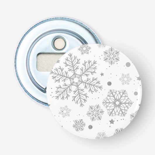 Zilveren sneeuwvlokken op wit button flesopener (Voorkant)