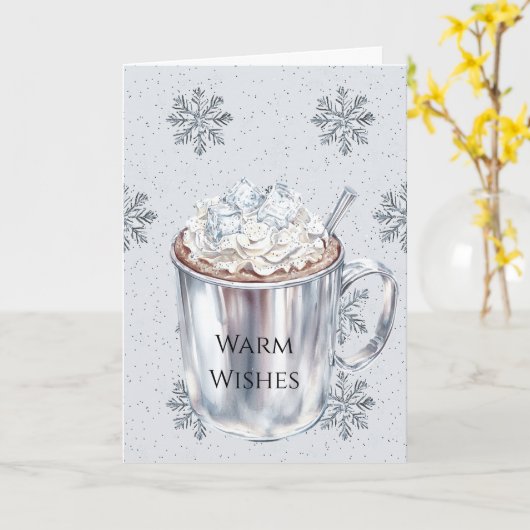 Zilveren Sneeuwvlokken Warm Wensen Cacao Kerstmis Kaart (Gele Bloem)