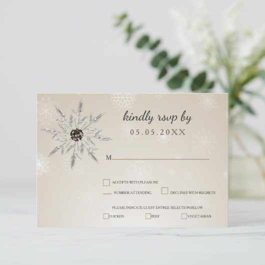 zilveren sneeuwvlokken winterbruiloft rsvp (Staand voorkant)