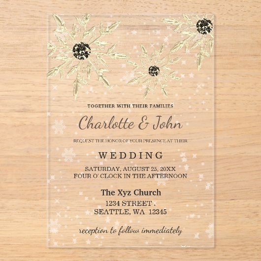 zilveren sneeuwvlokken wintertrouwuitnodiging acryl uitnodigingen (Voorkant)