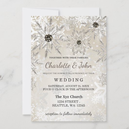 zilveren sneeuwvlokken wintertrouwuitnodiging kaart (Voorkant)