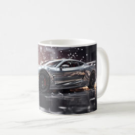 Zilveren snelle sportauto die drift koffiemok